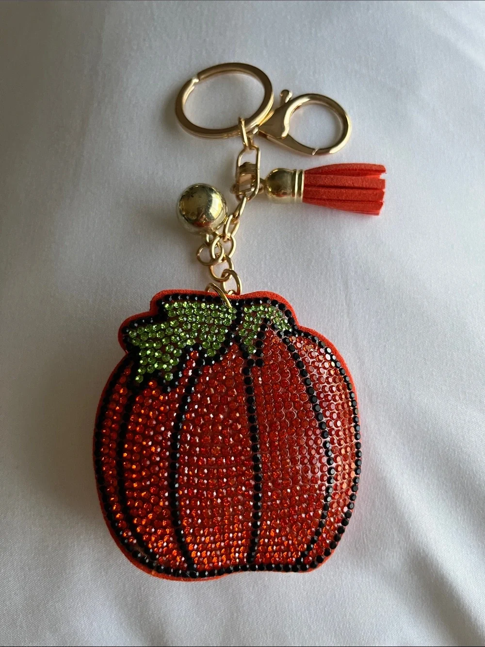 Pumpkin Crystal Tassel Bag Charm / Keychain Key & Card Holder - Orange